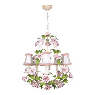 1950s Italian Floral Chandelier With Pink Porcelain Roses For Sale