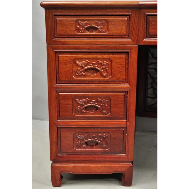 Wood Vintage Chinese Bird Carved Hardwood Kneehole Writing Desk With Decorated Back For Sale - Image 7 of 18