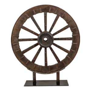 Antique Mounted Wood and Metal Wheel Welded to a Custom Metal Base