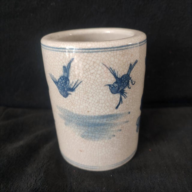 Art Deco Chinese Ceramic Pot,Blue and White Porcelain Brush Pot Hand Painted Flowers and Birds Pattern For Sale - Image 3 of 11