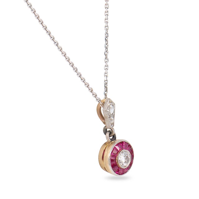 Contemporary Art Deco Style Diamond Ruby Target Platinum 14k White Gold Pendant Necklace For Sale - Image 3 of 7