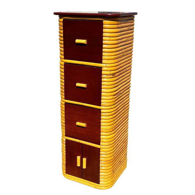 Art Deco 1970s Restored Paul Frankl Style Stacked Rattan & Mahogany Cabinet W/ Drawers For Sale - Image 3 of 5