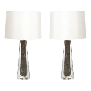 Modernist Hand-Blown Murano Bullicante Detailed Glass & Brass Fitted Table Lamps
