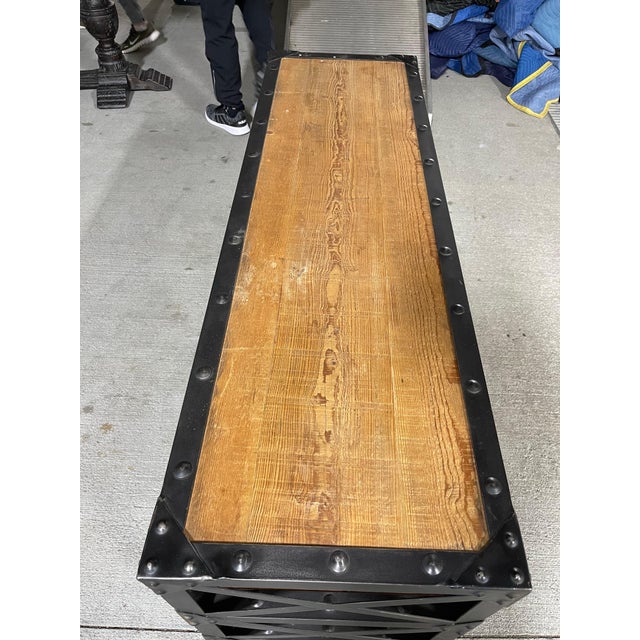 Industrial Industrial Three Shelf Metal and Wood Console on Casters, 21st Century For Sale - Image 3 of 7