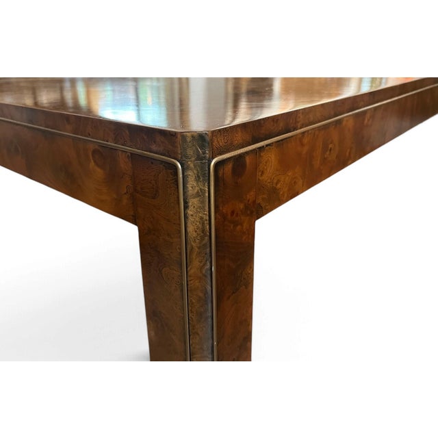 Brown 1980s Mastercraft Burl Wood & Inset Brass Parsons Dining Table With 2 Leaves For Sale - Image 8 of 10
