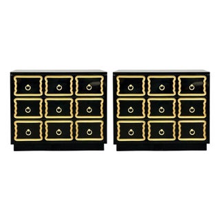 Dorothy Draper Style, Hollywood Regency, Black Lacquer, Gilt, Brass, Commodes For Sale
