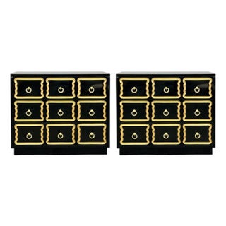 Dorothy Draper Style, Hollywood Regency, Black Lacquer, Gilt, Brass, Commodes, A Pair For Sale