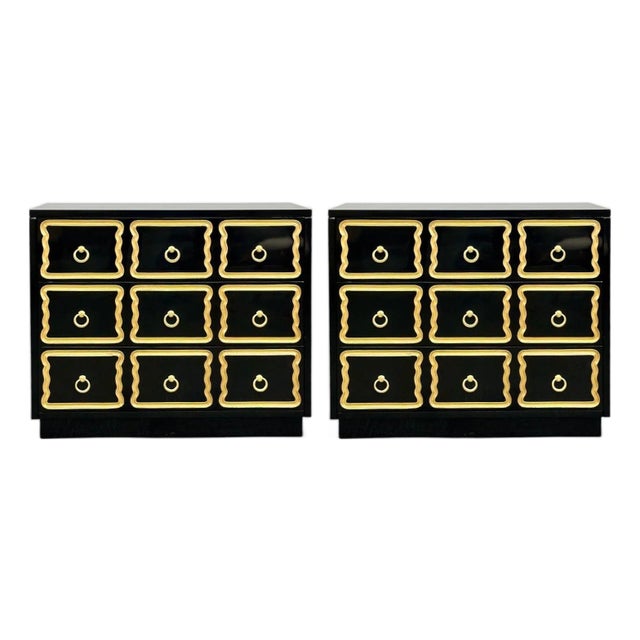 Dorothy Draper Style, Hollywood Regency, Black Lacquer, Gilt, Brass, Commodes, A Pair For Sale