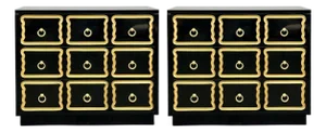 Dorothy Draper Style, Hollywood Regency, Black Lacquer, Gilt, Brass, Commodes, A Pair