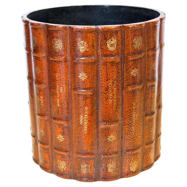 Italian Neoclassical Gilt Leather Book Motif Wastepaper Basket, 20th Century For Sale - Image 4 of 18