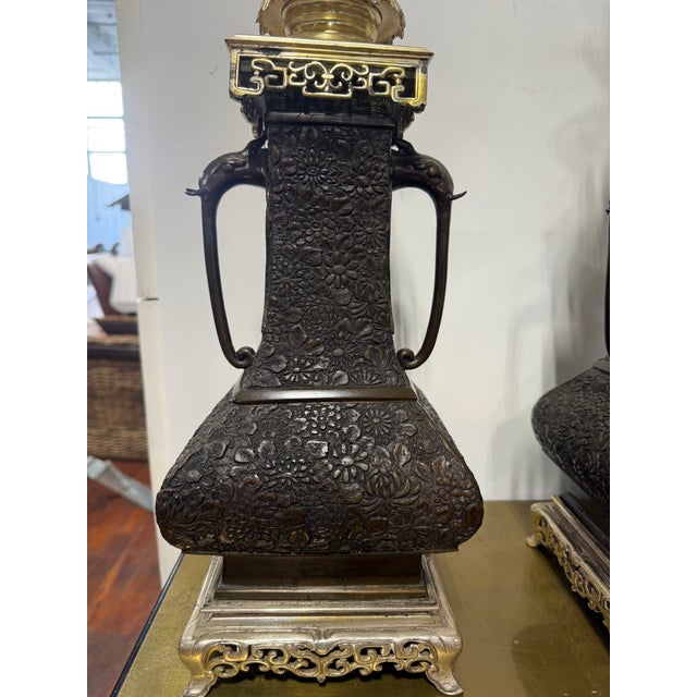 Brown Pair, Aesthetic Movement Style East Asian Bronze Floral-Repoussé Table Lamps For Sale - Image 8 of 10