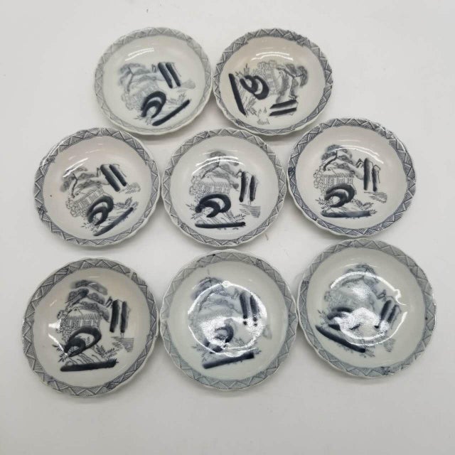 Late 20th Century Set of Small Japanese Blue and White Dishes With Landscape Motifs Set of 8 For Sale - Image 10 of 12