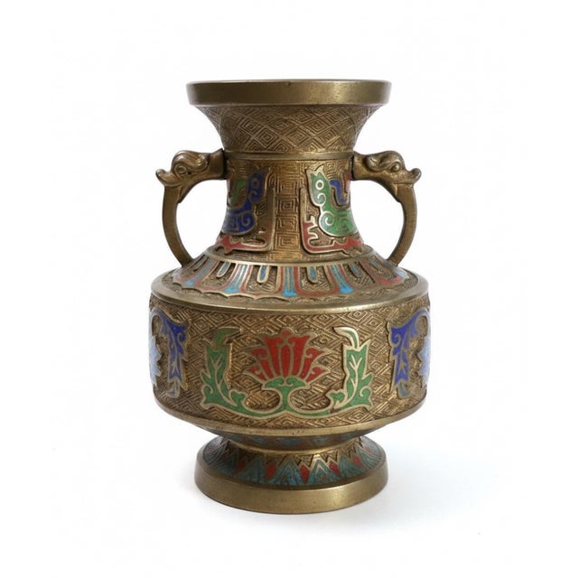 Metal Vintage Asian Champlevé Enamel Brass Vase With Elephant-Head Handles For Sale - Image 7 of 9