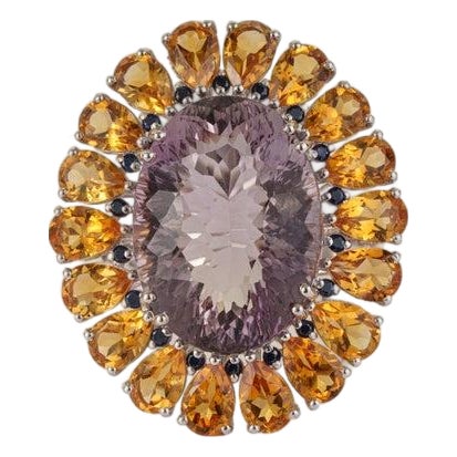 Handcrafted Multi-Gemstone Sunflower Ring in Solid Sterling Silver, Size 7.5 For Sale
