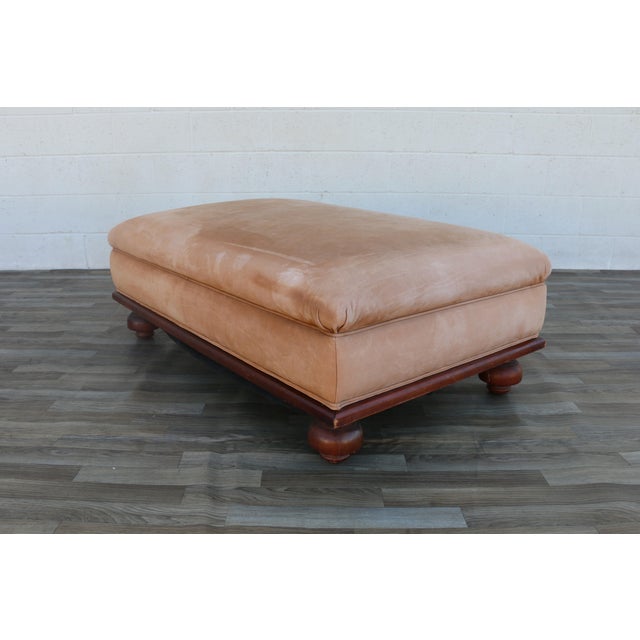 Oversized Vintage Ralph Lauren Tan Leather & Wood Ottoman With Bun Feet For Sale In Los Angeles - Image 6 of 18