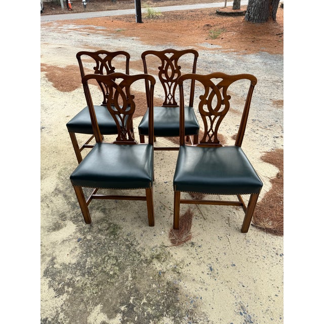 Dark Green Mid 20th Century Chippendale Leather Seat Arm Chairs Set of 4 For Sale - Image 8 of 12