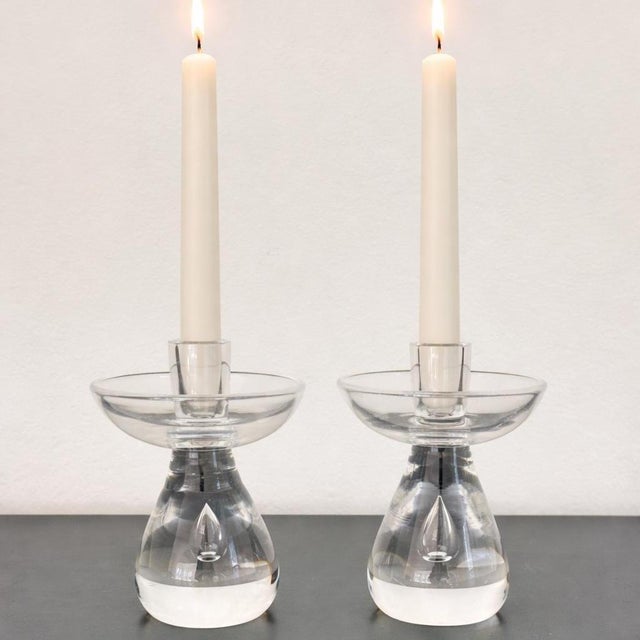 Signed vintage Val St. Lambert crystal candleholders with suspended teardrop detail and timeless mid-century modern...