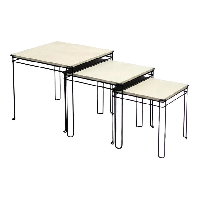 Featured in The 2020 San Francisco Decorator Showcase — 1960s Mid-Century Modern White Plaster & Black Wire Nesting Tables - Set of 3 For Sale