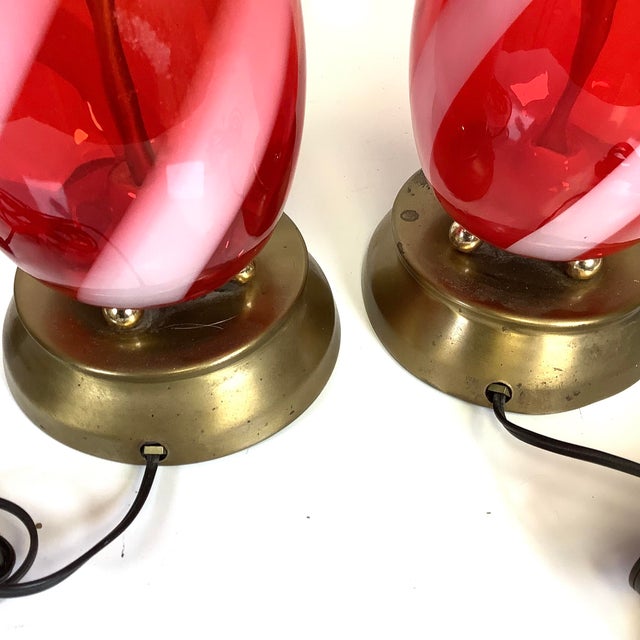 Red Vintage Mid Century Modern Candy Cane Swirl Striped Red Table Lamps 1950s Murano Glass - a Pair For Sale - Image 8 of 8