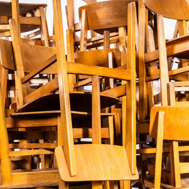 Very good batch of French mid century dining chairs. Sadly we don’t know the maker but they came from a French college and...