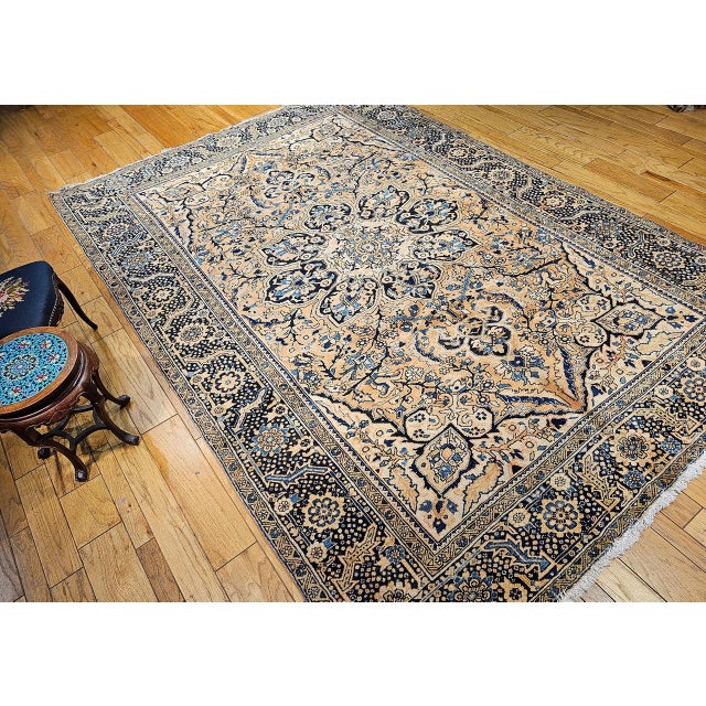 Vintage Persian Heriz Rug, Hand-Knotted Wool, Geometric Medallion Pattern,Tan & Navy, 9x13 For Sale - Image 9 of 18