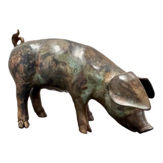 Large Bronze Pig Sculpture Grazing Farm Animal Statue Patina 15.5” Long 12” Tall For Sale