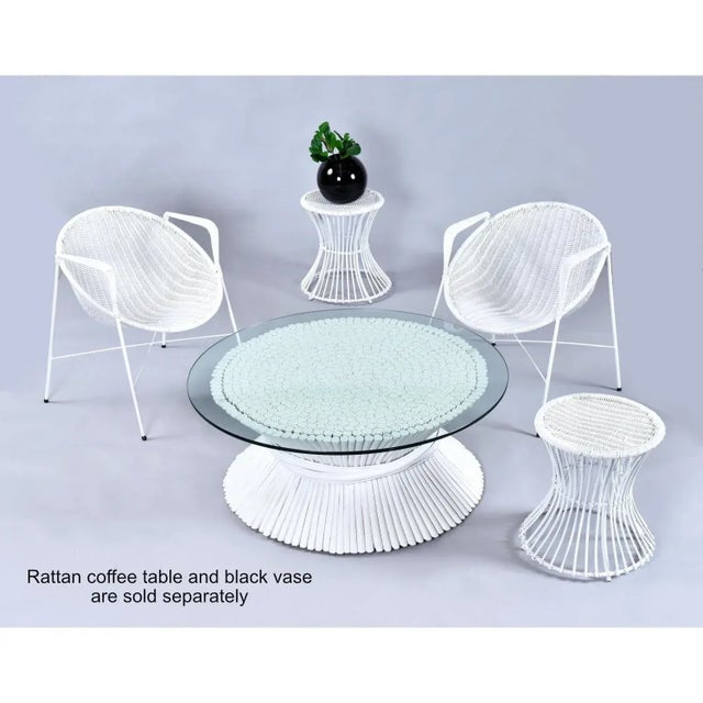1950s Wicker Salterini Radar Style Chairs With Pedestal Side Tables Seating Set For Sale - Image 5 of 14