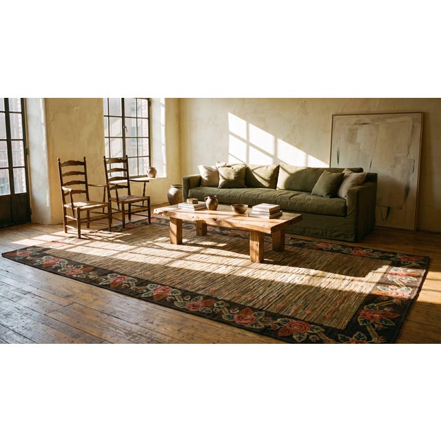 Camel 1930s Tan Camel Floral Folk Art Antique American Hooked Rug 6'0" X 8'10" Handknotted Wool Carpet For Sale - Image 8 of 9