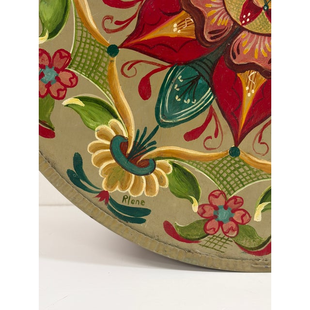 Wood Vintage Hand-Painted Round Wooden Cheese Box – Floral Folk Art For Sale - Image 7 of 15