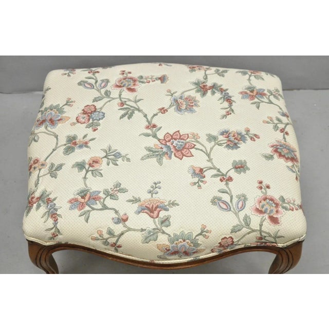 Vintage French Country Louis XV Carved Walnut Pink Floral Footstool Ottoman For Sale - Image 4 of 10