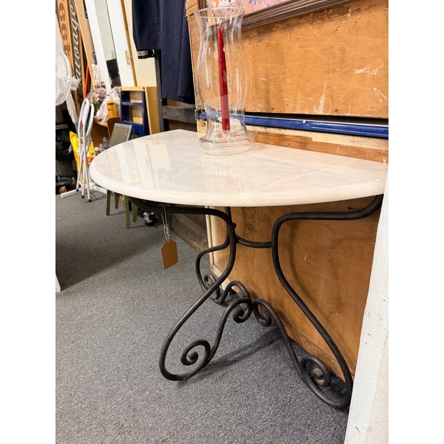 Metal Vintage Wrought Iron Demi-Lune Console Table With Marble Top For Sale - Image 7 of 9