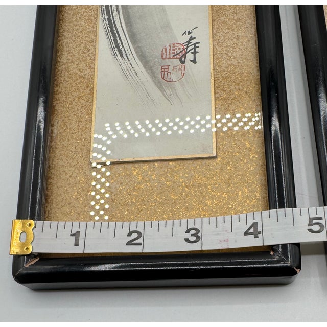 Set of 2 Vintage Japanese Tanzaku Paintings Floral & Drama Zen Art Framed For Sale - Image 9 of 15