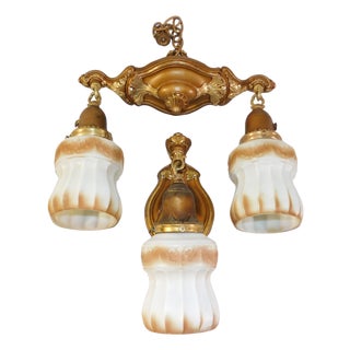 Antique Art Nouveau Lightolier Brass and Milk Glass Ceiling & Wall-Mounted Lights Set For Sale
