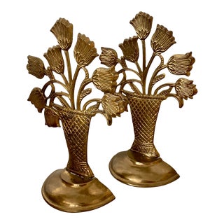 Vintage 1950s Brass Flower Basket Bookends - a Pair For Sale