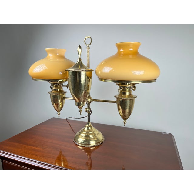American Antique Bradley and Hubbard Brass Double-Arm Student Lamp With Carmel Shades For Sale - Image 3 of 12