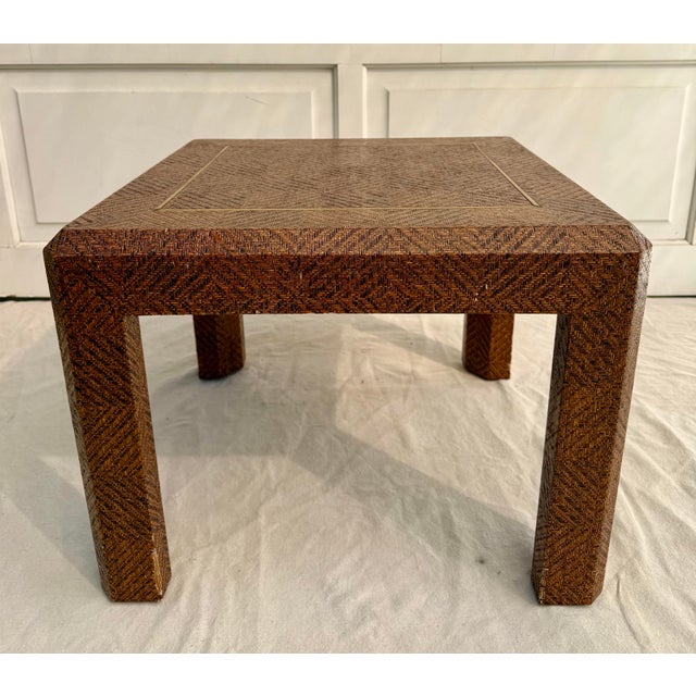 Attributed Harrison Van Horn Woven Reed Side Table With Geometric Pattern & Brass Inlay For Sale - Image 9 of 12