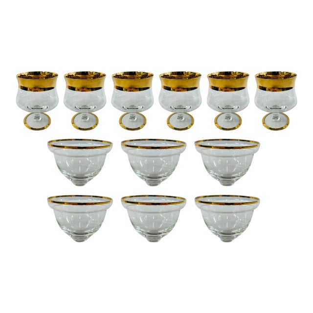 Gold/Crystal Wine Glasses and Dessert Glass Bowls, Set of 12 For Sale