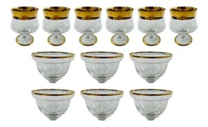 Gold/Crystal Wine Glasses and Dessert Glass Bowls, Set of 12
