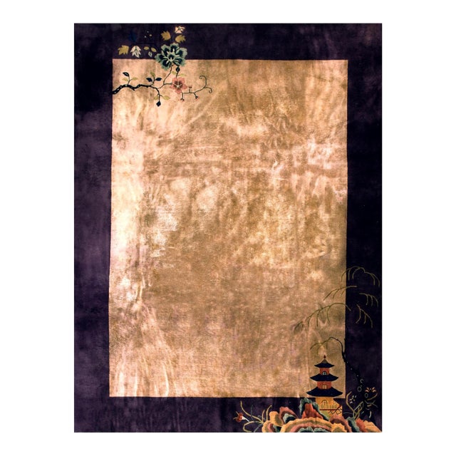 1920s Tan Taupe Floral Antique Chinese Art Deco Rug 8' 10" X 11' 6" Handknotted Wool Carpet For Sale