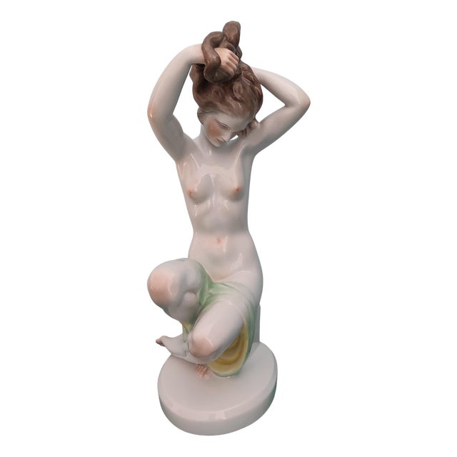 Handpainted Figure of Seated Nude Woman Combing Hair by Lux Elek for Herend, 1960s For Sale