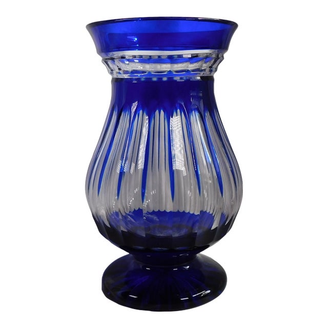1950s Large Blue Cut to Clear Vase For Sale
