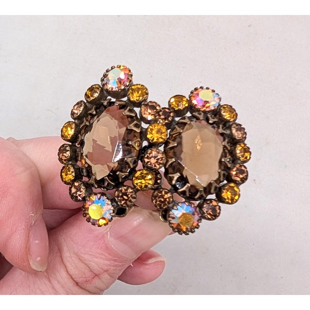 Metal Vintage 1960s Signed Kramer of Ny Faux-Topaz & Orange Aurora Borealis Clip Earrings-2 Pieces For Sale - Image 7 of 9