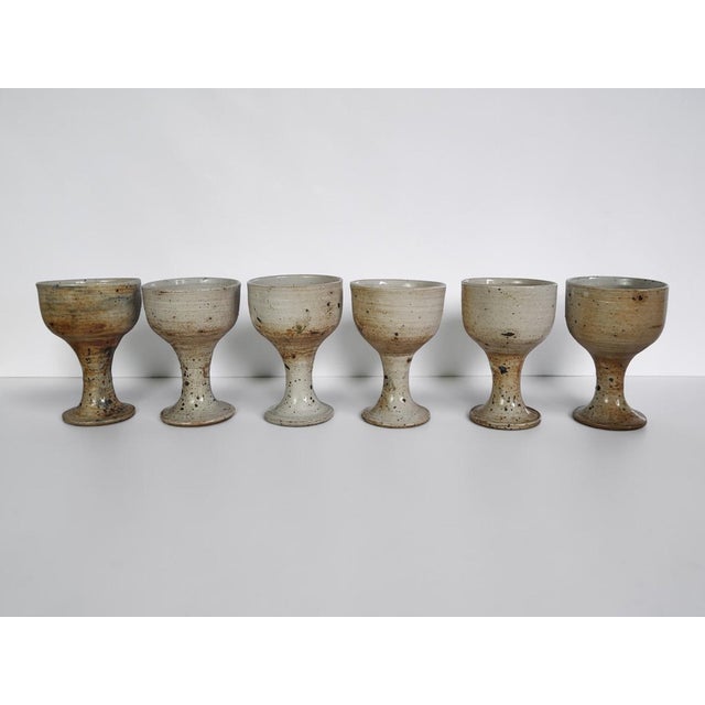 Stoneware Stemmed Cups from by Vézelay Pottery Albert Breton , 1970s, Set of 6 For Sale - Image 4 of 7