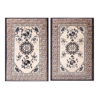 Pair Small White-Cream Background Color and Brown Border With Simplistic Geometric Pattern Antique Chinese Mongolian Rug For Sale