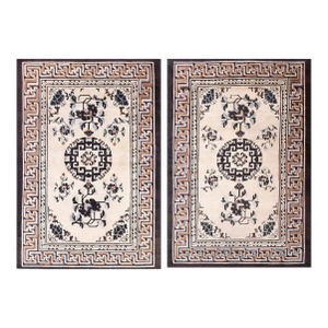 Pair Small White-Cream Background Color and Brown Border With Simplistic Geometric Pattern Antique Chinese Mongolian Rug