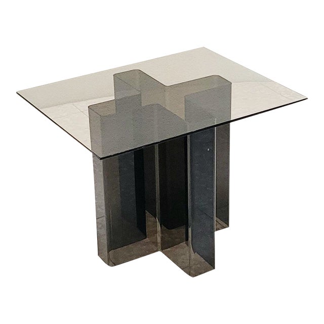 70s Smoked Acrylic and Glass Side Table With a Cross-Shaped Base For Sale