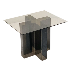70s Smoked Acrylic and Glass Side Table With a Cross-Shaped Base