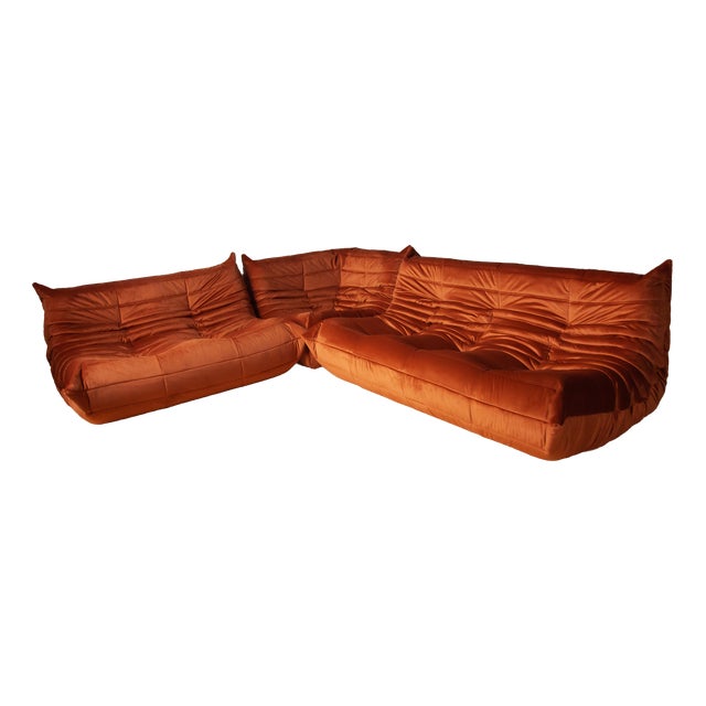 Amber Togo Velvet Corner Chair, Two and Three Seater Sofas by Michel Ducaroy for Ligne Roset, 1979, Set of 3 For Sale