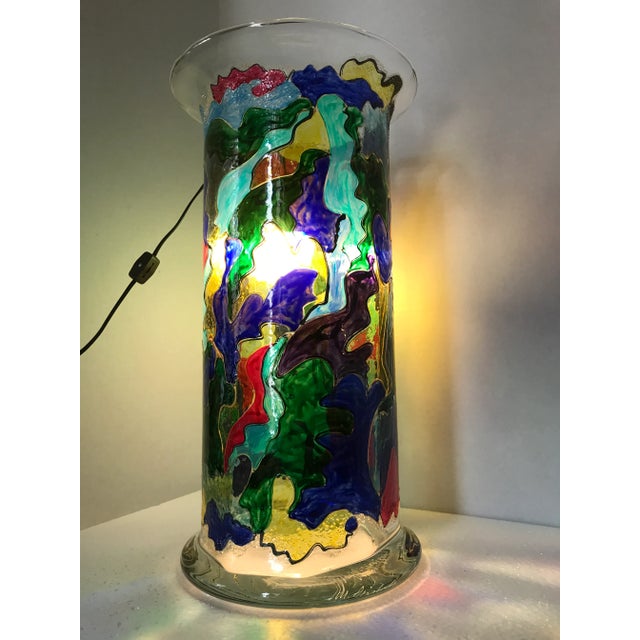1990s Tall Cylinder Multicolor One of a Kind Hand Painted Vase, Signed by Monique Nichols For Sale - Image 10 of 12