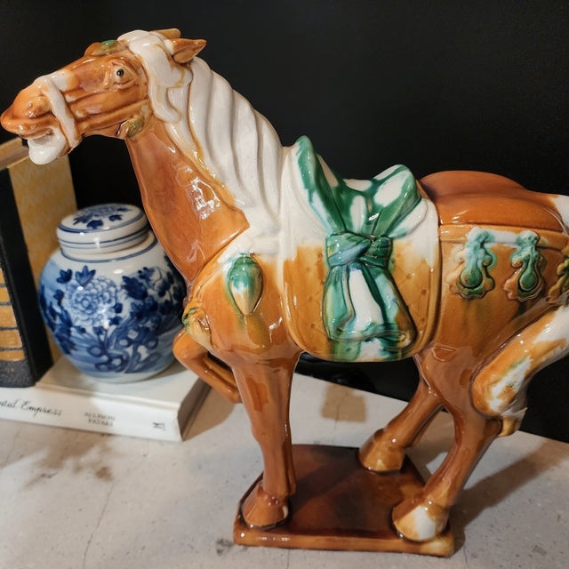 Vintage Pair of Tang Ceramic Horse Statues 14.5 Inch Tall Chinoiserie Statement Decor For Sale - Image 11 of 16
